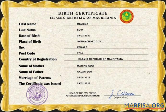 Blank Mauritania birth certificate PSD template